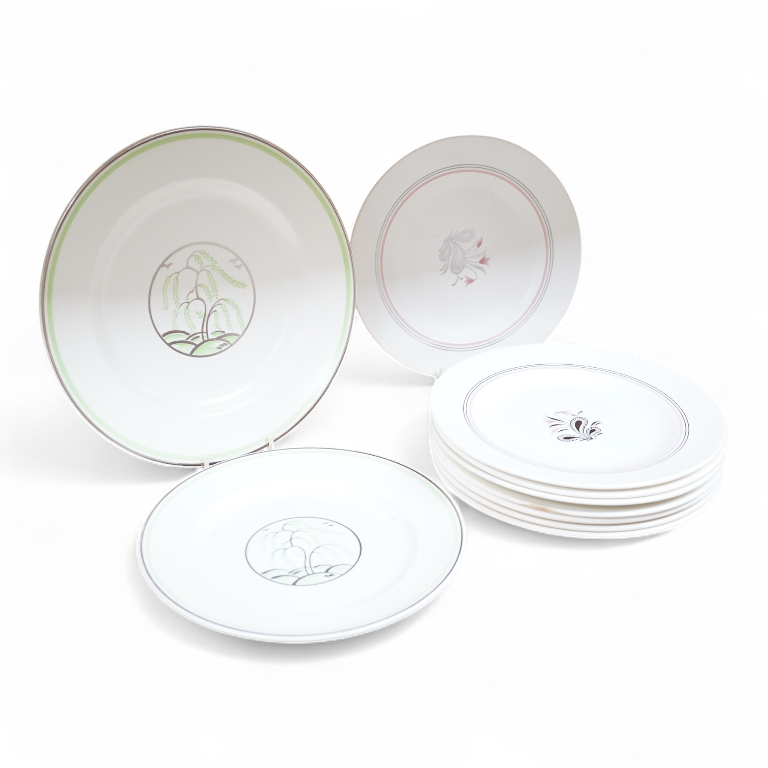 Keith Murray for Wedgwood, moonstone weeping willow, two plates and eight similar examples, largest 26cm in diameter